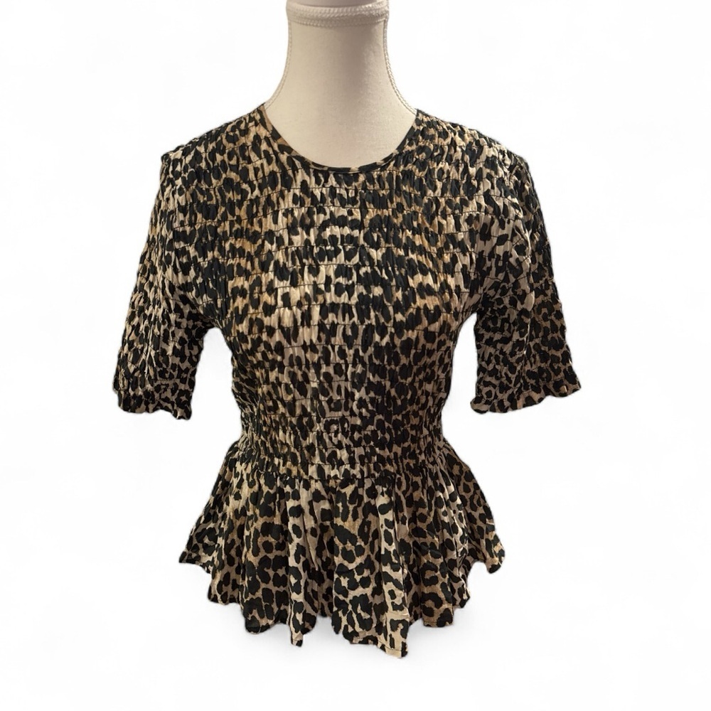 GANNI Leo Leopard Print Smocked Peplum Blouse Sz 36 / US 4 Cotton Silk Top - Picture 3 of 10